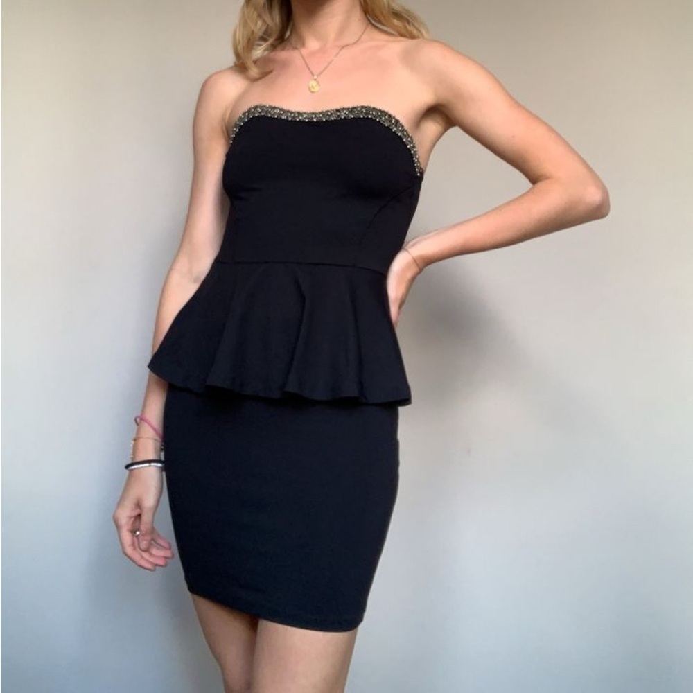 NEW ZARA Trafaluc Small Black Peplum Waist Beaded Cocktail Dress